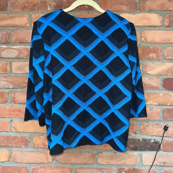Ming Wang Women's Blue Black Diamond Print Cardigan Sweater Jacket ~Petite Large - Picture 2 of 7